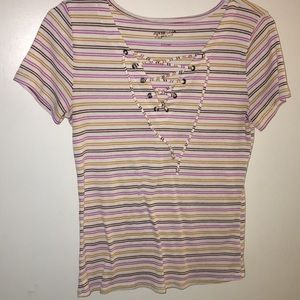 Striped Lace Up Short Sleeve Top